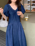 KYLETHOMASW  -  Women Dress Korean Chic Summer Retro Temperament V-neck Pleated Waist Slim Double Pocket Bubble Sleeve Denim Vestidos