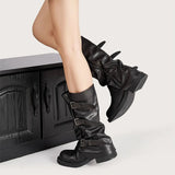KYLETHOMASW  -  Vintage Soft Leather Belt Strap Buckle Mid-Calf Women Motorcycle Boots Fashion Thick High heels Autumn Winter Knight Booties