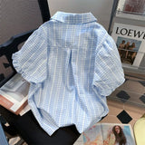 Kylethomasw Harajuku Sweet Blue Plaid Shirts Women Summer Vintage Puff Sleeve Ruffles Blouses Y2k Grunge Single Breasted Blusas Mujer