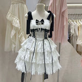 KYLETHOMASW  -  Sweet Lolita Mini Dress Women Kawaii Bow Lace Patchwork Sleeveless Cake Dresses Harajuku Cute Japanese Summer Camisole Dress New