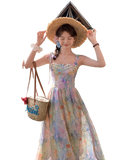 KYLETHOMASW  -  Women's Summer Long Princess Dress Butterfly Strap High Waist Oil Painting Floral Fairycore A-line Midi Sundress Female