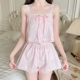 KYLETHOMASW  -  Sweet Pink Pajama Set for Women's Summer Pure Cotton Camisole Vest Elastic Waist Wide Leg Shorts Two-piece Set