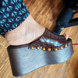 KYLETHOMASW  -  Brown Crocodile Print Platform Wedge Slippers Woman Summer Open Toe Gold Studs High Heel Sandals Outer Beach Shoes