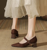 KYLETHOMASW  -  High Heeled Women Autumn New Fashion One-word Buckle with Light Mouth Pumps Womens Thick Heel Small Square Head Mary Jane Shoes