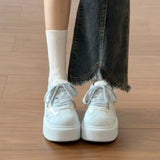 KYLETHOMASW  -  Ladies White Platform Skate Shoes Star Embroidery Thick Bottom Bread Sneakers Silver Tail Lace Up Heighten Casual Walking Shoes