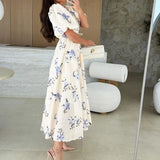 KYLETHOMASW  -  Blue Floral Print Puff Sleeve Dress Summer Fashion Lace Up Holiday Dresses Ladies Elegant V-neck High Waist Pleated Party Dress