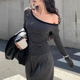 Kylethomasw Vintage Slant Collar Strapless Sexy Asymmetric Long Sleeve T-shirt Women Spring New Streetwear Contrast Color Striped Tops