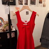 KYLETHOMASW  -  French Style Knit Cami Dress with Lace V-Neck Bow Detail Bodycon Mini Dress