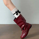 KYLETHOMASW  -  Vintage Flats Women Western Cowboy Boots Fashion Ladies Square Toe Pleated Knight Mid Calf Booties