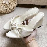 KYLETHOMASW  -  Elegant Pink Bow Wedge Heel Mules Women's Open Toe Linen Strap Slip on Sandals Summer Casual Slippers Shoes