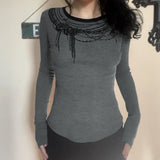 KYLETHOMASW  -  Fashionable dark chain print contrasting round neck long sleeved simple grey slim fit slimming front shoulder top