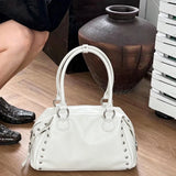 KYLETHOMASW  -  Women Y2k Rivet Handbag Retro Pu Leather Shoulder Bag Punk Style Large Capacity Zip Tote Bag Fashion Daily Party Underarm Bag