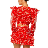 KYLETHOMASW  -  Women's New Round Neck Long-sleeved Open Button Top Skirt Printing Two-piece Sexy Suit