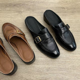 KYLETHOMASW  -  British Buckle Strap Mules Shoes Ladies Med-High Heels Slippers Slip On Derby Sliders Femmes Pantuflas PU Leather Loafers Woman