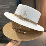 Kylethomasw New Metal R Letter Buckle Flat-Top Straw Hat Leisure Summer Sunscreen Hat Women's Fashionable Seaside Beach Hat Vintage Hat