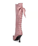 KYLETHOMASW  -  Glam-Chic Design Blush Satin Pointed-Toe Knee-High Boots Lace-Up Bow Detail Elegant Stiletto Heel Romantic Soft Style Lady Boots