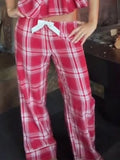KYLETHOMASW  -  Women Sweet Red Grid Two Piece Pants Set Sexy Deep V-back Strap Top Casual Straight Leg Pants New Cute Daily Holiday Outfit