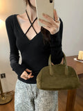 KYLETHOMASW  -  Y2k Sexy Slim Solid V Neck Long Sleeve Lace-up All Match Women's T-shirts