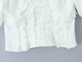 KYLETHOMASW  -  Sweet White Embroidery Hollow Out Hole Splice Lace Elastic U Collar Short Sleeve Shirt Women Center Buttons Slim Crop Tops