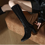 KYLETHOMASW  -  Thick Heel Women Knee High Boots Fashion Silvery Square Toe Autumn Winter Ladies Elegant Mordern Knight Long Booties
