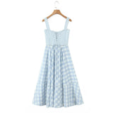 KYLETHOMASW  -  Women Lace Up Bandage Back Patchwork Plaid Dress Sexy Corset Style A-line Midi Casual Summer Dresses Sling Robe
