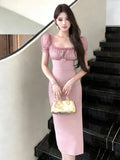 KYLETHOMASW  -  Summer Women Pink Sweet Midi Dress Elegant Sheer Sexy Puff Sleeve Corset Dresses Robe Cocktail Party Prom Daily Casual Vestidos