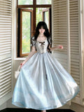 KYLETHOMASW  -  Sweet Lolita Princess Puff Sleeve Lace Ruffle Bow Corset Sky Blue Ombre Long Dress Women Girls Beach Vacation Party Daily Wear