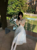 KYLETHOMASW  -  Japanese Kawaii Princess Chiffon Off Shoulder Ruffles Lace Light Blue Midi Dress Women Girls Bow Tie Waist Daily Tea Party Wear