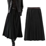 KYLETHOMASW  -  Fashion Office Ladies French Minimalist Leather Waist And Pleated Skirt Women A-line Midi Skirts Womens