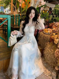 KYLETHOMASW  -  Floral V Neck Long Dress Spring Summer A-line French Style Vintage Women Dresses Elegant Sweet A-line Vestidos Mujer