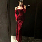 KYLETHOMASW  -  French Luxury Sequin Wine Red Lace Strap Camisole Fishtail Long Dress Banquet Christmas Party Evening Dress for Women