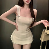 Kylethomasw Summer New Streetwear Hollow Backless Bow Splicing Sexy Tweed Camisole Women + Solid Color Casual Shorts Two-piece Suit