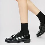 KYLETHOMASW  -  Black Patent Leather Chunky Heel Loafers Fashion Pleated Fringe Sewing Designer Shoes Comfortable Soft Leather Zapatos De Mujer