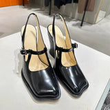 KYLETHOMASW  -  Fashion Black Patent Leather Mary Janes Slingbacks Women Pumps Spring Summer Wave Toe Chunky High Heels Office Lady Daily Shoes