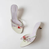 KYLETHOMASW  -  Bow-Knot Glass Ball Thong Cat Heel Sandals Woman Summer Beaded Bow Open Toe Slip On Mules Candy Color Strappy Slippers