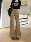 Kylethomasw Khaki Denim Cargo Pants Women Y2k Hip Hop Retro Baggy Low Waist Korean Boot Cut Jeans Harajuku Streetwear Causal Trouser