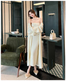 KYLETHOMASW  -  Women's Dresses Sets Solid V-Neck Long Cardigan+Waist Retraction Strapless Dress Sexy Elegant Knitted Two-Pieces Lady's Clothing