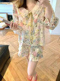 KYLETHOMASW  -  French Retro Long Sleeved Sleepwear Women Summer Popular Online Style New Sweet Oil Painting Girls Rose Home Set