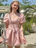 KYLETHOMASW  -  Y2K Pink Satin Princess Short Dresses for Women Puff Sleeve Square Collar Ruffles A-line Evening Party Dress Kawaii Mini Vestido