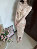 KYLETHOMASW  -  Summer French Socialite Slim Fit Floral  V-neck Sleeveless Sexy Dress Lace Patchwork Wrap Hip Tight Long Dress for Women
