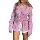 KYLETHOMASW  -  Women Long Sleeve Shirts Solid Color Scrunched Turn Down Collar Button Down Blouses Spring Casual Tops Streetwear