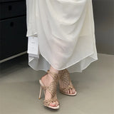 KYLETHOMASW  -  Designer Hollow Out Crystal Diamond Buckle Strap Woman Sandals Street Style Thin High Heels Striptease Shoes