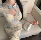 KYLETHOMASW  -  Chinese Style Jacquard Cheongsam Dress Women's Summer Sexy Short-sleeved Slim Fit Hip Wrap Long Dress Female Clothes