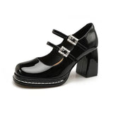 KYLETHOMASW  -  Shallow Mouth High Heel Leather Shoes Slip On Mary Jane Chunky Sandals Increasing Height Clogs for Women Lace-Up Navy Blue Pumps