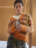 KYLETHOMASW  -  Striped Fuzzy Mohair V-Neck Knit Cardigan Oversize Button Front 2025 Autumn New Chic Casual Women Coat Fashion Cozy Lady Sweater