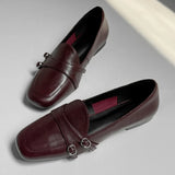 KYLETHOMASW  -  Elegant Burgundy Square Toe Loafers Women Fashion Metal Buckle Stitching Designer Shoes Comfortable Commuting Flat Office Shoes