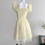KYLETHOMASW  -  French Sweet Puff Sleeve Women Dress Elegant Casual Fashion Waist Vestidos Lace Exquisite Simple Square Neck A Line Cute Skirt