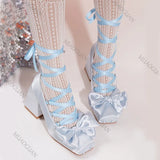 KYLETHOMASW  -  Sweet Cross Strap Ballet Style High Heels Women Spring Autumn Women Shoes Elegant Square Toe Satin Lolita Pumps Single Shoes