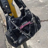 KIylethomasw Vintage Y2k Handbag Women Retro Hot Girls Letter Embroidery Casual Crossbody Bags Female Moto Biker Black Shoulder Bag