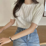 KYLETHOMASW  -  Spring Summer Knitting T-shirts Simple Hemp Pattern O Neck Solid Knitted Tees Short Sleeve Korean Fashion Ropa De Mujer